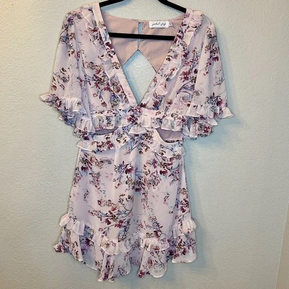 Petal & Pup Fairycore V-Neck Floral Mini Dress Size 6 Open Back Ruffle Cutouts - Picture 1 of 8
